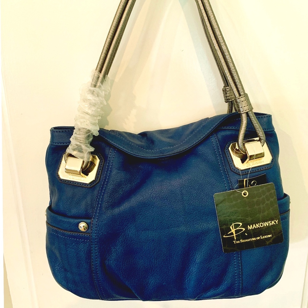b. makowsky Lapis Blue Leather Shoulder Bag